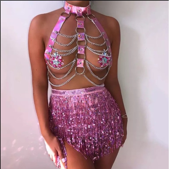 😻Halter Color Body Harness Chain Holographic Belt - Picture 2 of 11